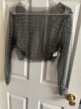 SHEIN Black Sheer Rhinestone Embellished Long Sleeve Crop Top